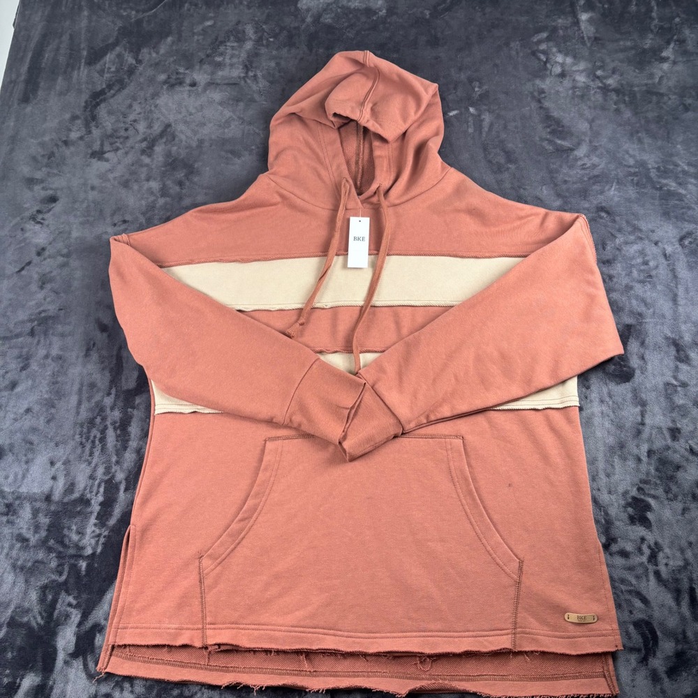 NWT BKE Pullover Hoodie Womens Medium Rust Colorblock Raw Hem Sweatshirt